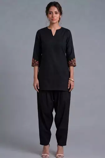 Black embroidered rayon kurta set