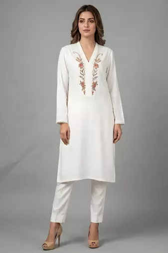 White embroidered rayon kurta set