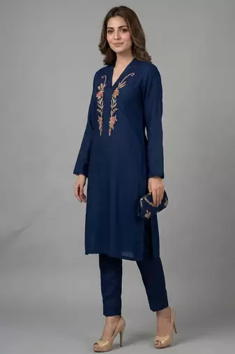 Blue embroidered rayon kurta set