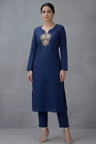 Blue embroidered rayon kurta set