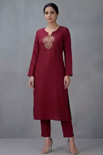Maroon embroidered rayon kurta set