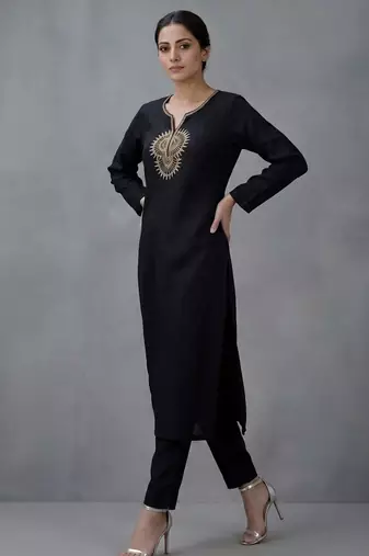 Black embroidered rayon kurta set