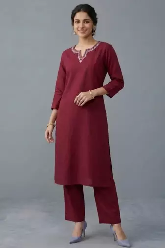 Maroon embroidered rayon kurta set