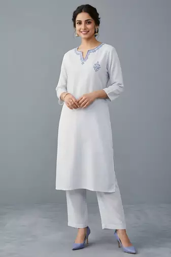 White embroidered rayon kurta set