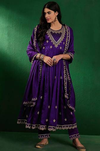 Royal purple vichitra embroidered kurta pant dupatta set