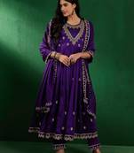 Royal purple vichitra embroidered kurta pant dupatta set