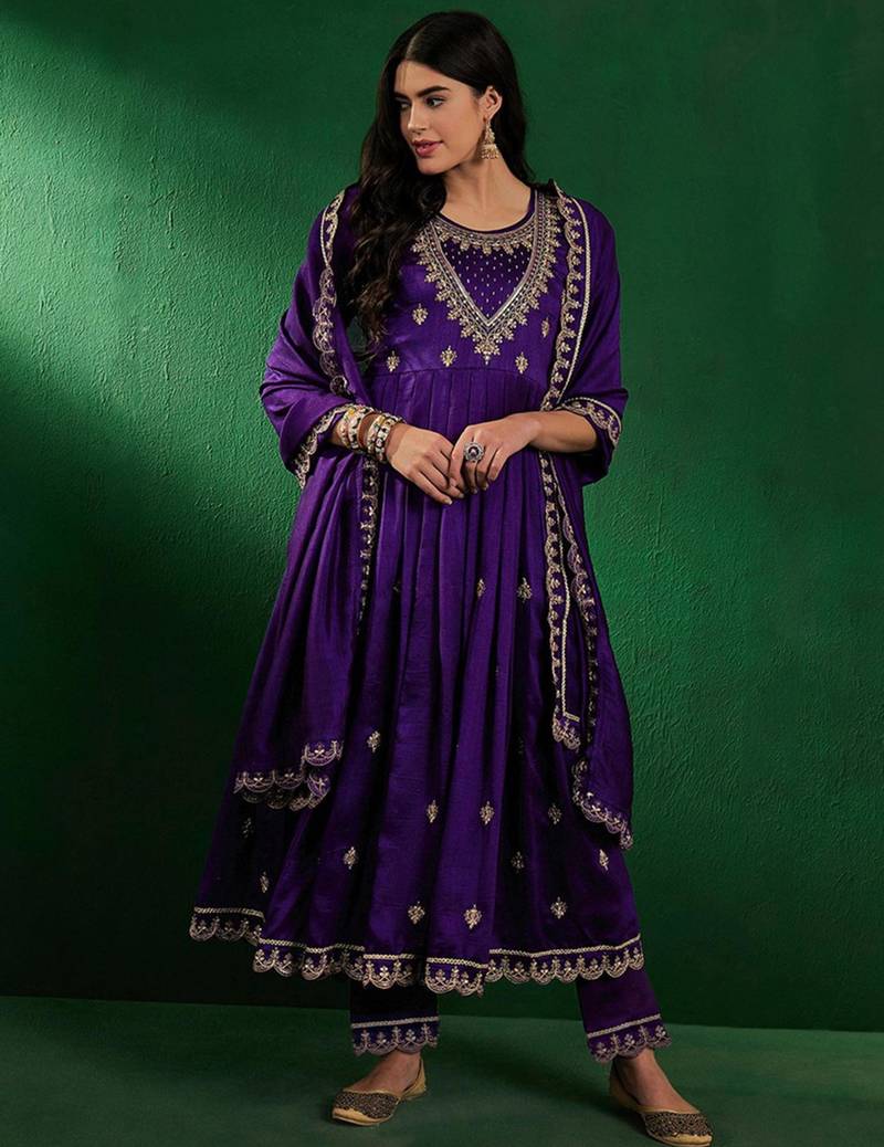 Royal purple vichitra embroidered kurta pant dupatta set