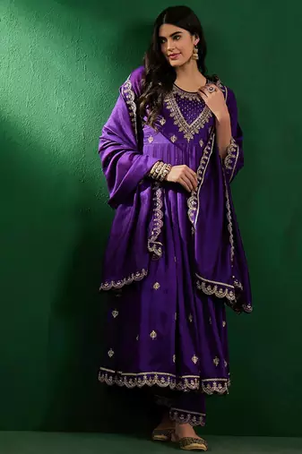 Royal purple vichitra embroidered kurta pant dupatta set