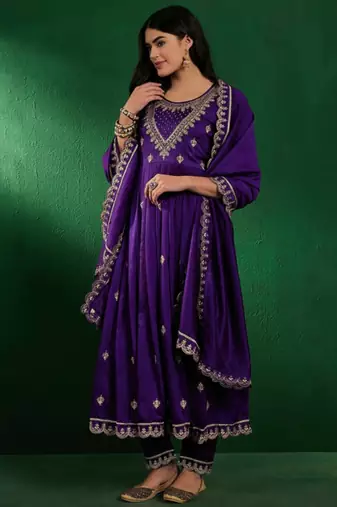 Royal purple vichitra embroidered kurta pant dupatta set