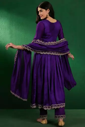Royal purple vichitra embroidered kurta pant dupatta set