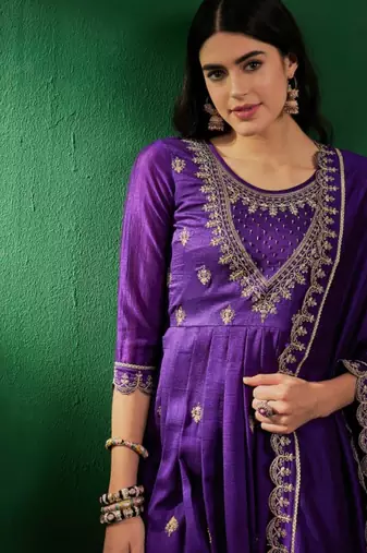 Royal purple vichitra embroidered kurta pant dupatta set