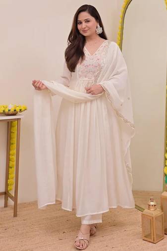 Off white chanderi silk blend embroidered anarkali kurta pant dupatta set