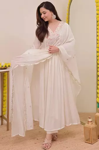 Off white chanderi silk blend embroidered anarkali kurta pant dupatta set