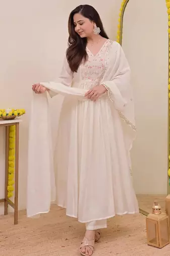 Off white chanderi silk blend embroidered anarkali kurta pant dupatta set
