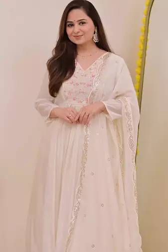Off white chanderi silk blend embroidered anarkali kurta pant dupatta set