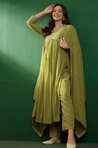 Olive green georgette embroidered kurta pant dupatta set