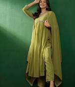 Olive green georgette embroidered kurta pant dupatta set