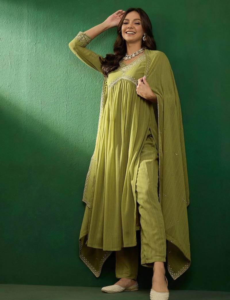 Olive green georgette embroidered kurta pant dupatta set