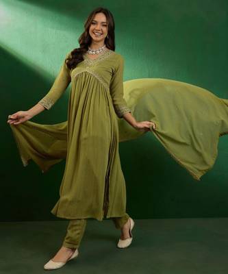 Olive green georgette embroidered kurta pant dupatta set 2