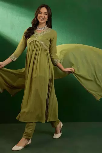 Olive green georgette embroidered kurta pant dupatta set