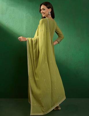 Olive green georgette embroidered kurta pant dupatta set 4