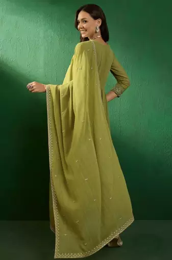 Olive green georgette embroidered kurta pant dupatta set