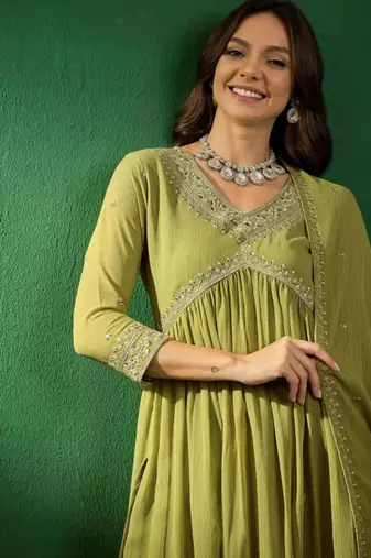 Olive green georgette embroidered kurta pant dupatta set