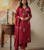 Wine red chanderi silk blend embroidered kurta pant dupatta set