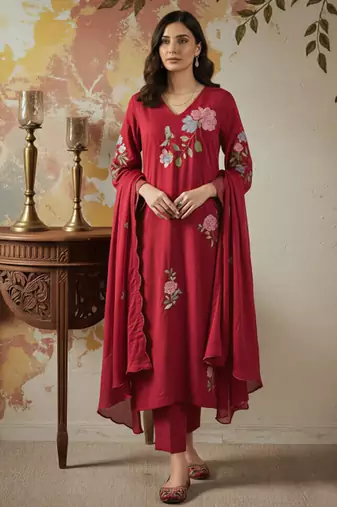 Wine red chanderi silk blend embroidered kurta pant dupatta set