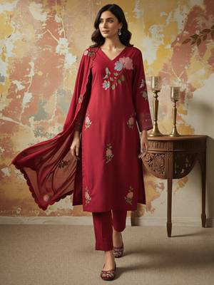 Wine red chanderi silk blend embroidered kurta pant dupatta set 4