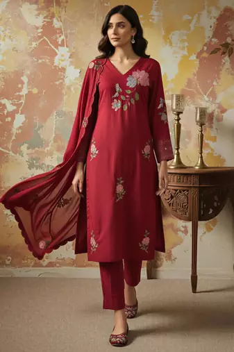 Wine red chanderi silk blend embroidered kurta pant dupatta set