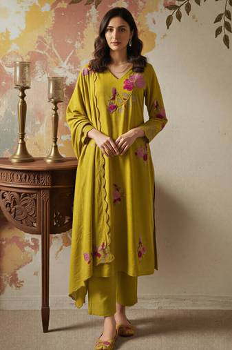 Mustard green chanderi silk blend embroidered kurta pant dupatta set