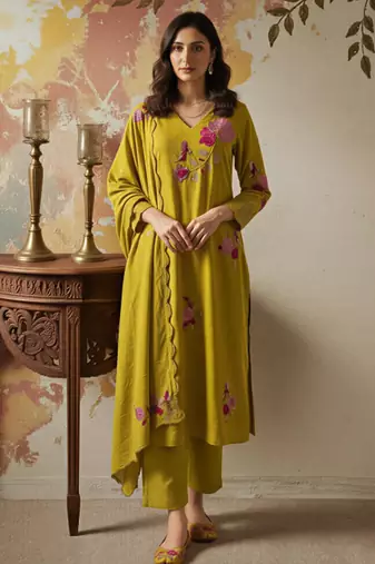 Mustard green chanderi silk blend embroidered kurta pant dupatta set
