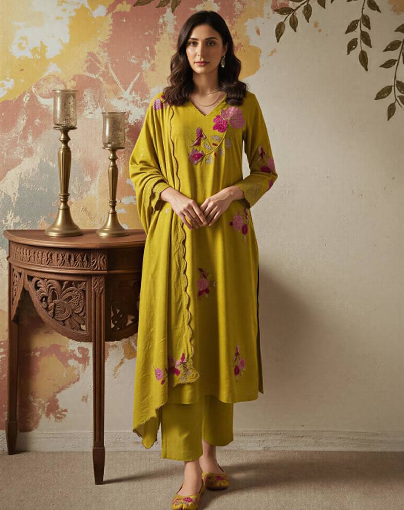 Mustard green chanderi silk blend embroidered kurta pant dupatta set