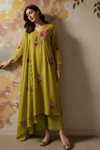 Mustard green chanderi silk blend embroidered kurta pant dupatta set