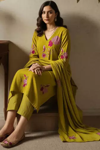 Mustard green chanderi silk blend embroidered kurta pant dupatta set