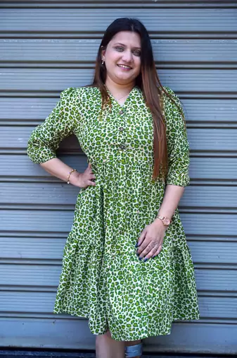 green leopard handblock printed below knee dress