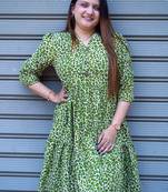 green leopard handblock printed below knee dress