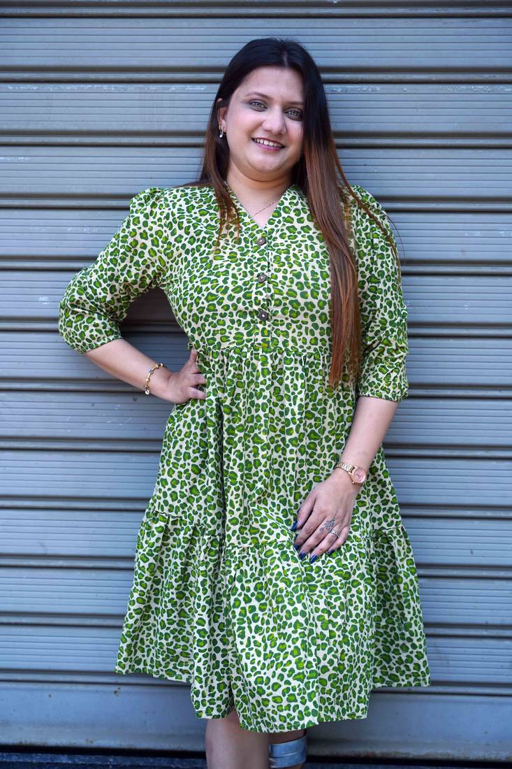 green leopard handblock printed below knee dress