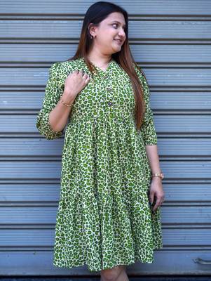 green leopard handblock printed below knee dress 2