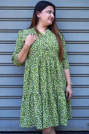 green leopard handblock printed below knee dress