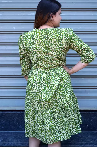 green leopard handblock printed below knee dress