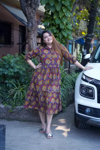 red kalamkari open collar mid-length dress