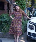 red kalamkari open collar mid-length dress