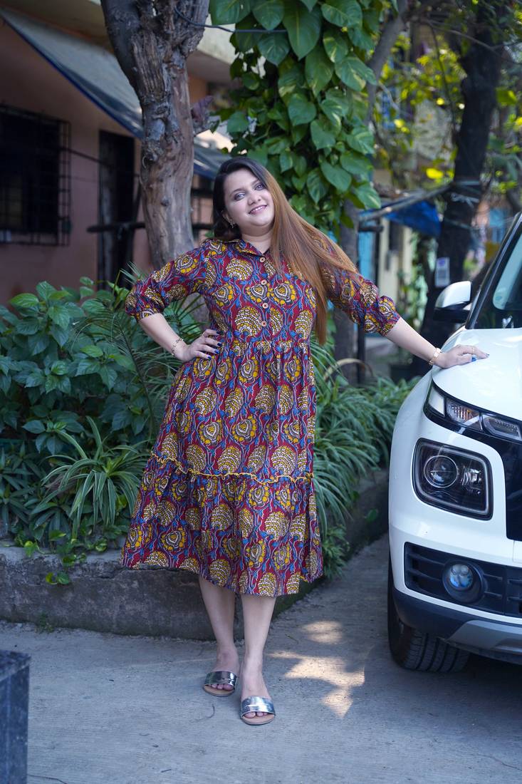 red kalamkari open collar mid-length dress