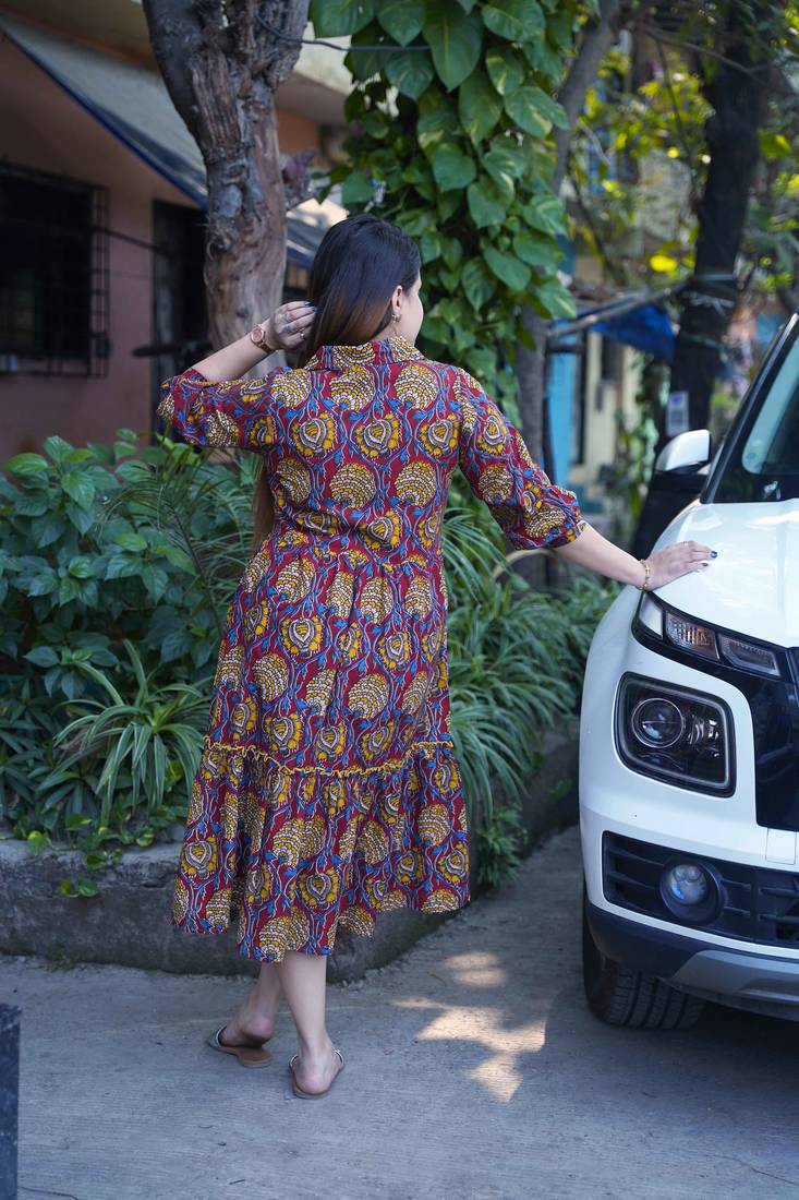 red kalamkari open collar mid-length dress