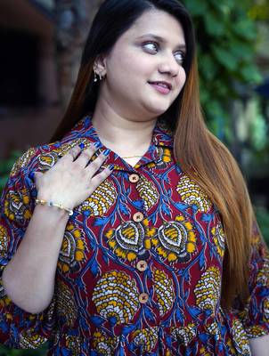 red kalamkari open collar mid-length dress 3