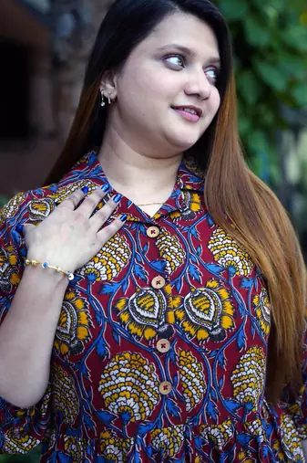 red kalamkari open collar mid-length dress