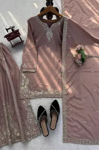 Onion pink crepe thread with sequin sharara suit