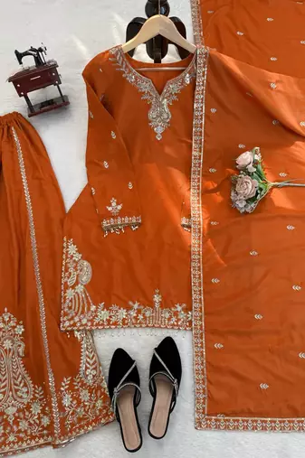 Orange crepe thread with sequin sharara suit